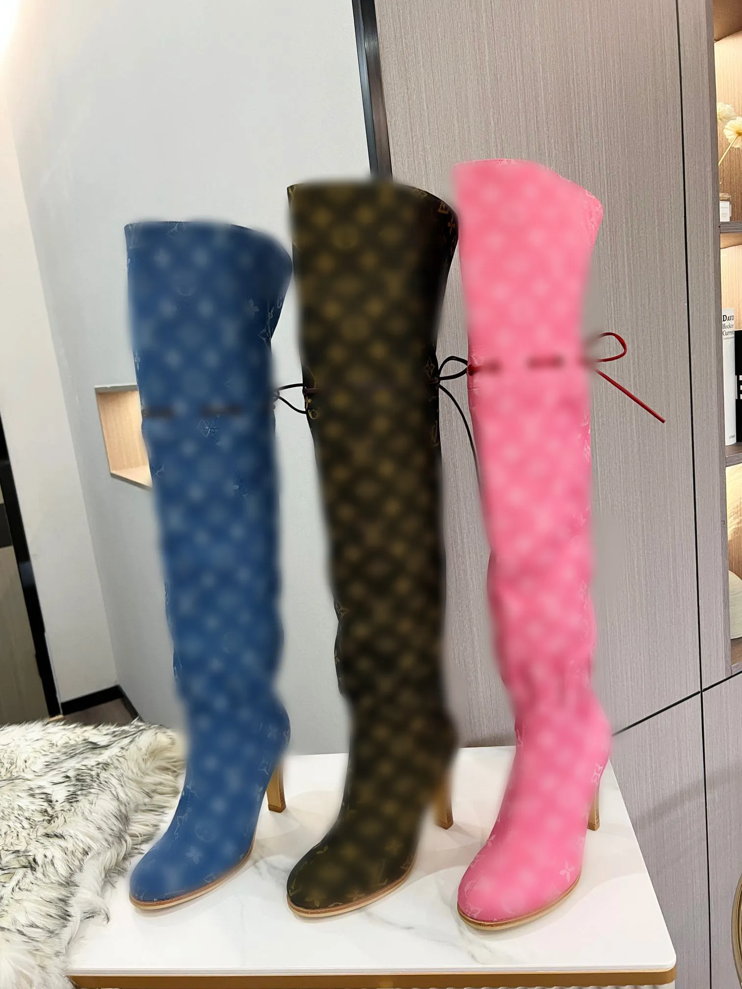 Fashion women designer boots over the knee full L letter printed zipper designers knee long boots denim blue pink black luxury women knee boots plus size