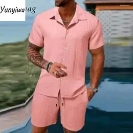 Men`s Tracksuits Striped Cotton Linen Sets Men Short Sleeve Button-up Lapel Shirts And Shorts Two Piece Suits Mens Clothing Beach Outfits