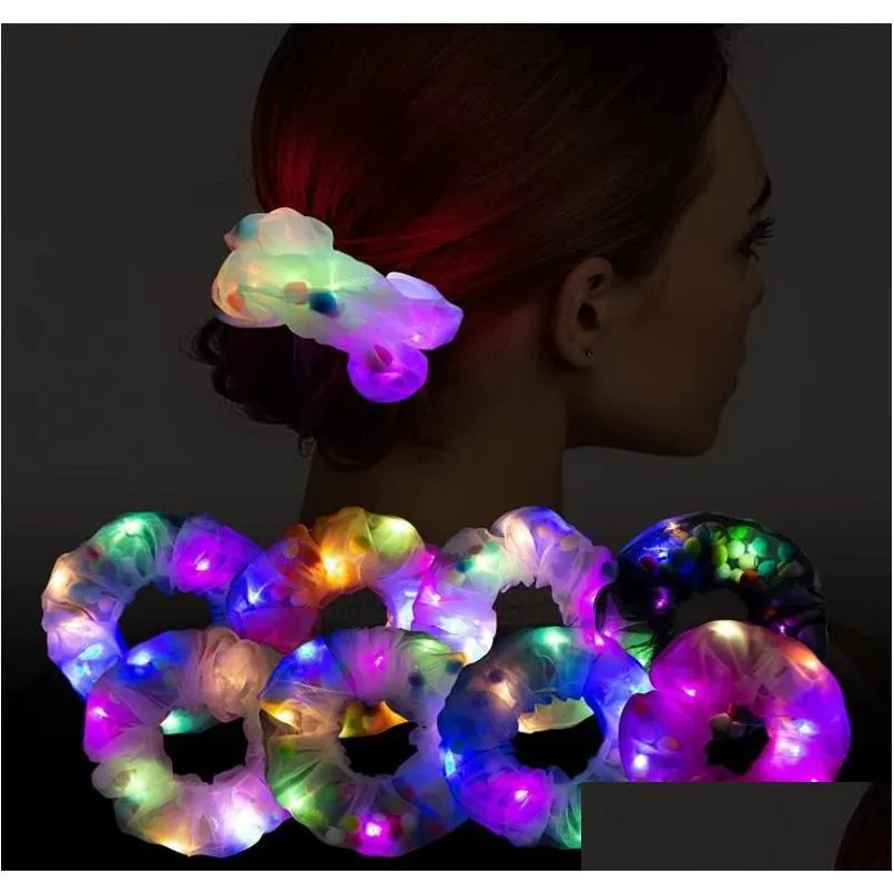 Stage Wear Led Hair Scrunchies Stage Wear Rave Headwear Light Up Neon Satin Ponytail Elastic Ties Luminous Glowing Hairring For Women Dhwg6