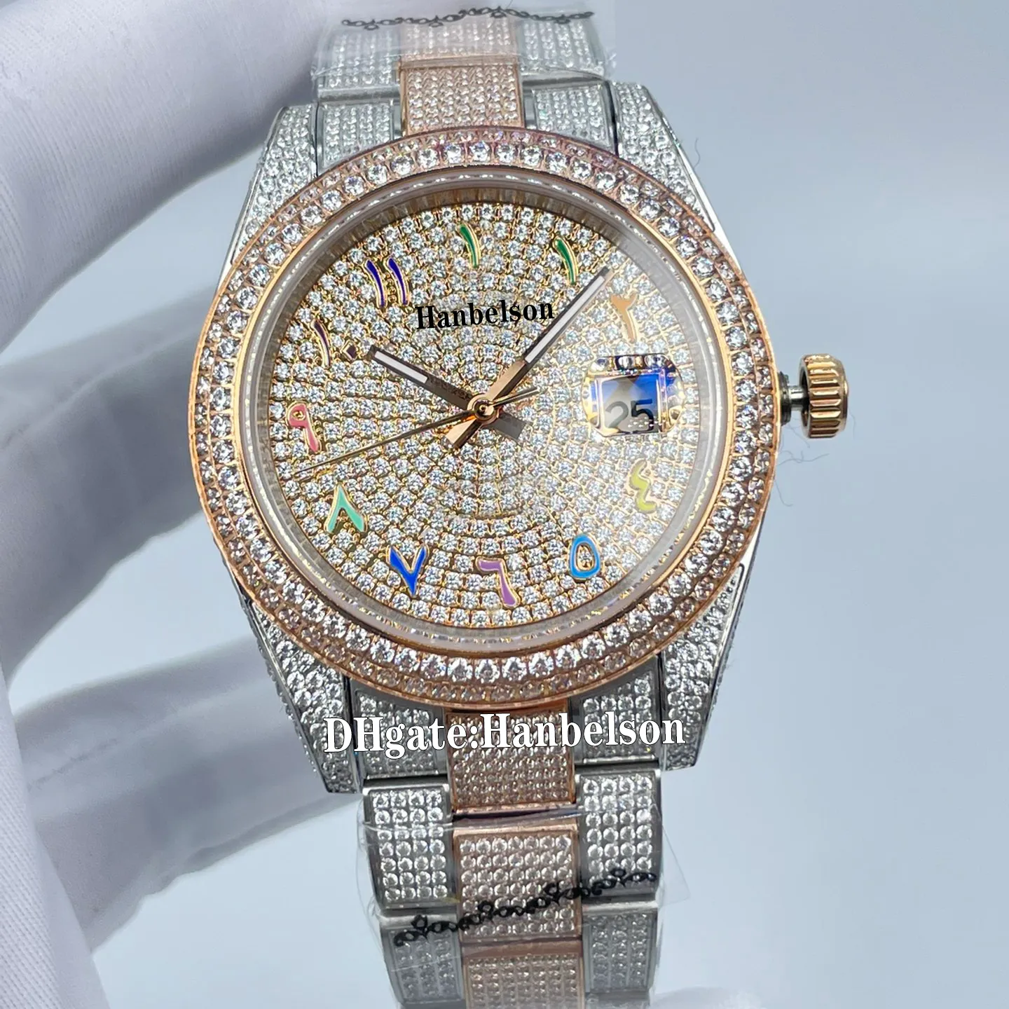 Ice out Watch Men Arabic numeral Full diamond Sapphire Glass Automatic movement Wristwatch Screw crown clock