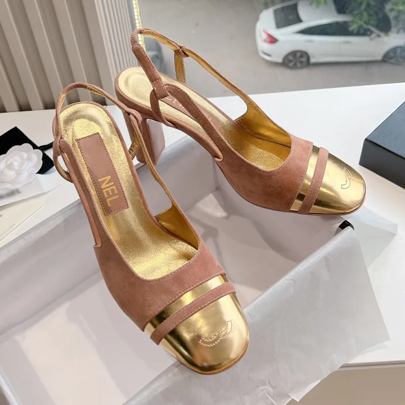 Scarpe eleganti firmate classiche in pelle scamosciata di lusso con doppia lettera Scarpe eleganti da donna di marca francese con zeppa Sandali con tacco alto 8A Scarpe formali da donna in vera pelle di lusso di qualità