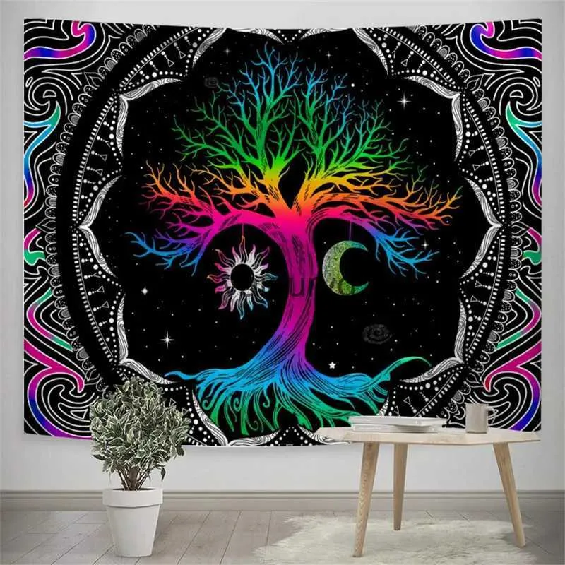 Tapices lticolor Árbol de la vida Tapiz Arte Decoración del hogar Manta Colgante de pared Tela Dormitorio Sala de estar Cortina decorativa Vaiduryd