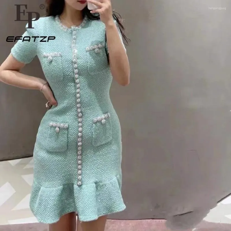 Casual Dresses EFATZP Sequin Knitted Dress 2024 Women's Single Breasted O-Neck Elegant Short Sleeve Slim Mini