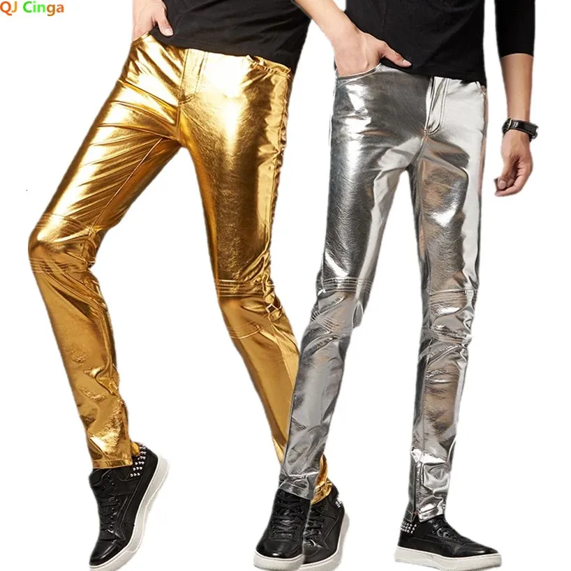 Silver Shiny Motorcycle PU Leather Pants Men Brand Skinny Party Halloween Trousers Men Stage Prom Singer Costume Pants 3XL 240117