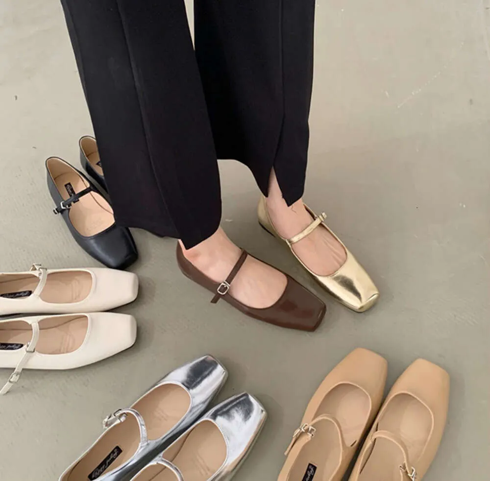 Dress Shoes Spring Square Toe Ballet Shoes Fashion Low Heel Mary Jane Shoes Casaul Silver Shallow Buckle Soft Sole Shoes 3333