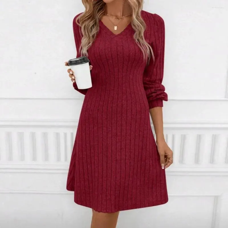 Casual Dresses Women V-Neck Dress Thick Warm A-Line Stylish Ribbed Sticked Mini för långärmad höst/vinter