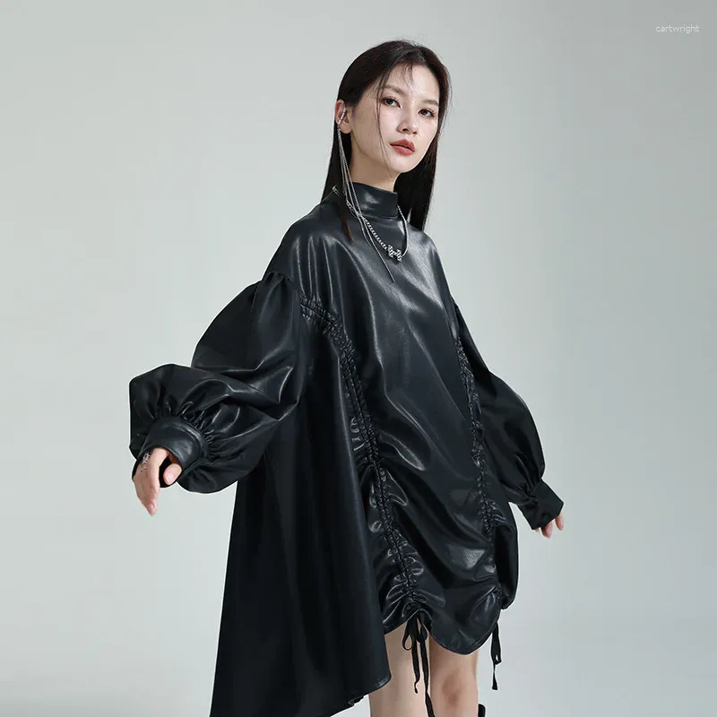 Casual Dresses Design Irregular Drawstring Stand-up Collar Cloak Dress 2024 Spring Korean Chic Vestidos PU Leather Lantern Sleeve Fluffy