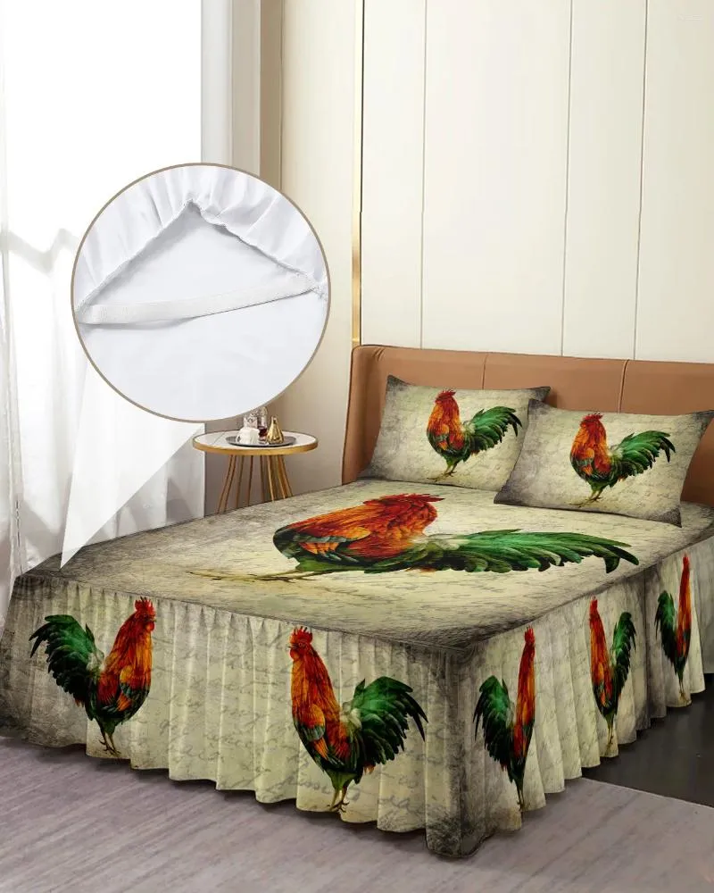 Gonna da letto Animale Gallo Retro Farm Rustico Copriletto elastico con federe Coprimaterasso Set di biancheria da letto