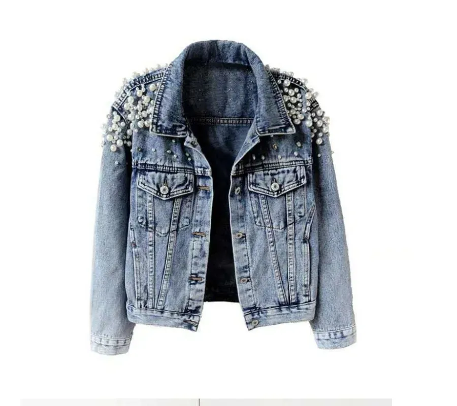 Save Big on Bulk Beaded Pearl Jacket Embellished Denim Jacket Womens Beaded Long Sleeve Denim Coat For Women, Spring Autumn Fashion Jacket With