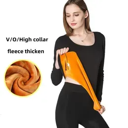 Womens Thermal Underwear Winter Warm VO Collar Bottom Shirt Solid Thick Velvet Long Sleeve Brushed Medium High Top 231120