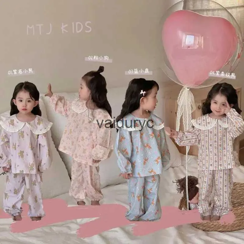 Pajamas 2024 Spring New Ldren Home Vêtements Set Baby Boys Filles à manches longues Animaux mignons Print Tops + Pantal