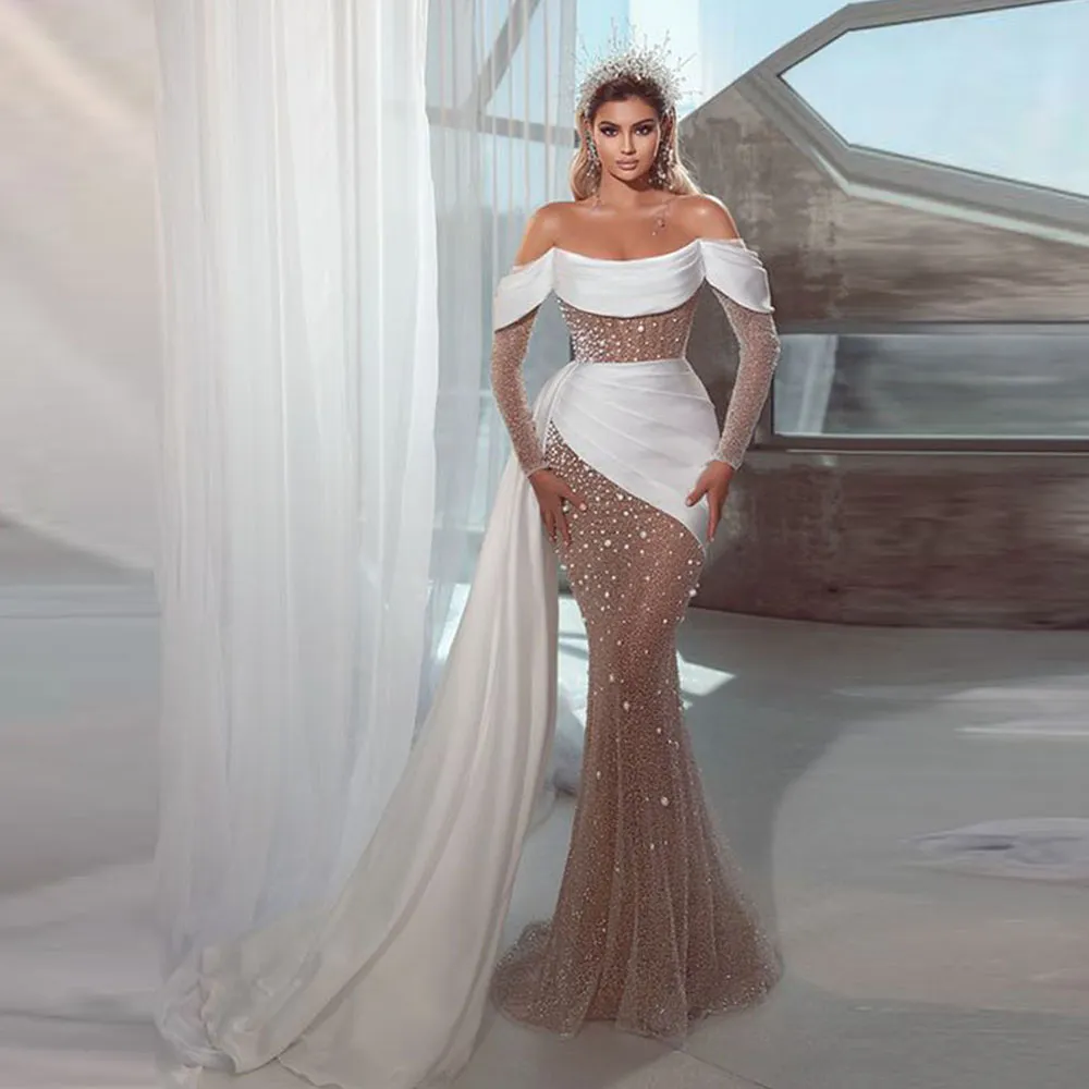 Sexy Sequin Mermaid Wedding Dresses Off the Shoulder Long Sleeve Bridal Dress with Detachable Train Crystal Trumpet Wedding Gowns