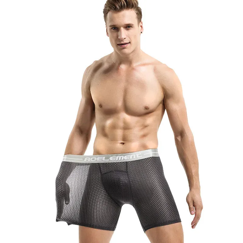 AOELEMENT 3pcs Mens Mesh Breathable Underwear Boxer Sports Anti Friction Ice Silk Long Panties Boxershorts Men Mens 240117