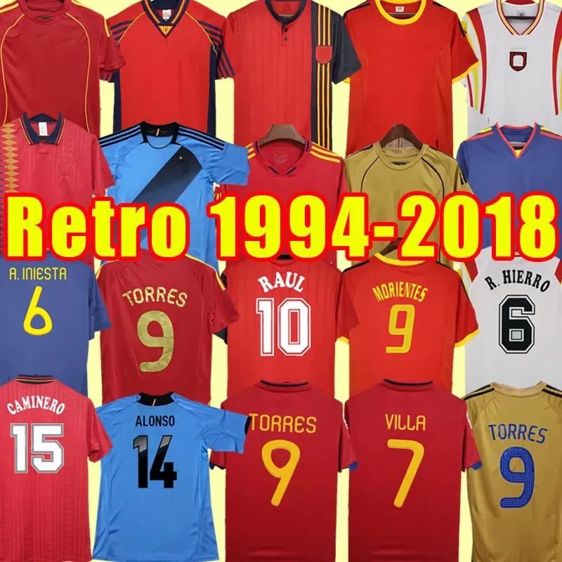 Camiseta de futbol Hiszpania Retro piłka nożna ESPANA 1994 1996 2002 2008 2012 2012 Koszulka piłkarska Vintage David Villa Hierro Torres Fabregas Espagne 94 96 02 08 10 12 18 18