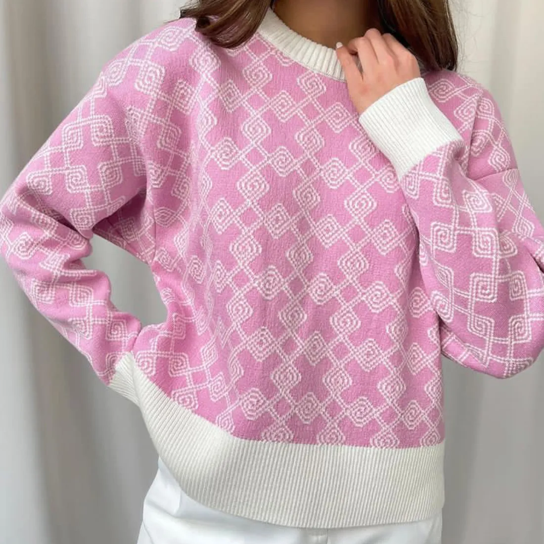 Women`s Sweaters Women`s Geometric Jacquard Sweater European American Foreign Trade Spring Autumn INS  Long Sleeve Loose Knit Sweater