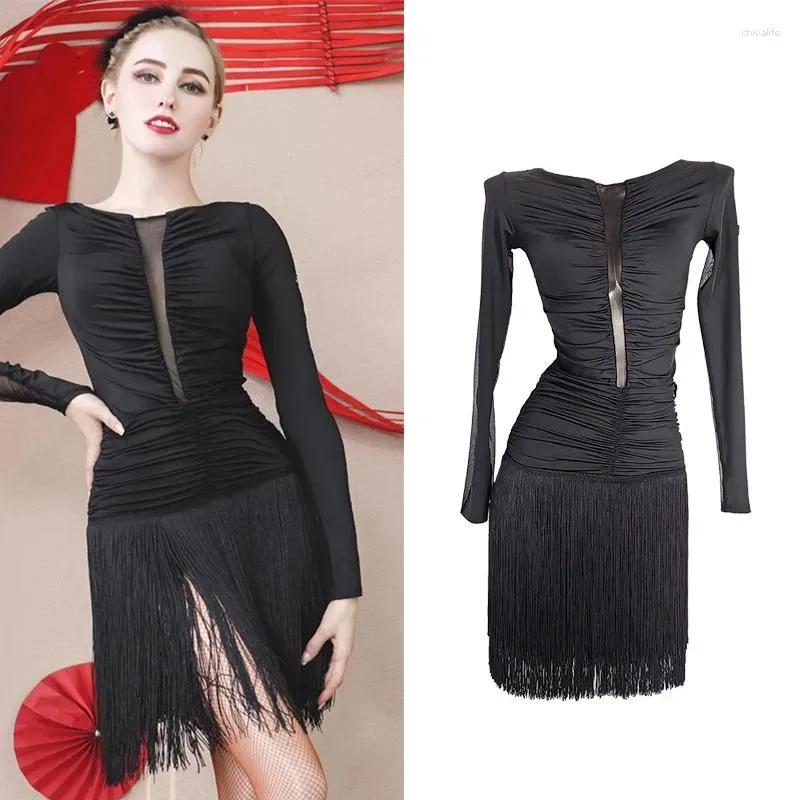 Stage Wear 2024 Latin Dance Performance Costumes For Women Mesh Long Sleeved Jumpsuit With Tassel Skirt Female Dress DN17184