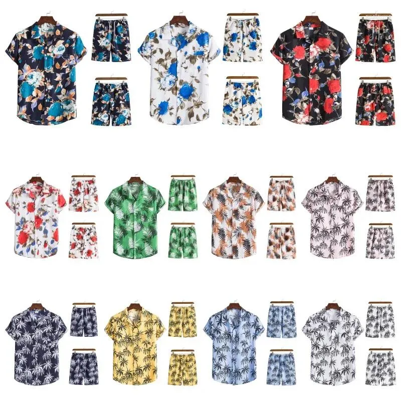 Camisas casuais masculinas 2024 estilo de praia havaiano impressão tendência linda flor lapela e shorts ternos na Europa América