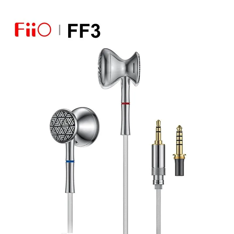 Fones de ouvido FiiO FF3 HiFi Music Flat Earbuds Drum Tipo 14,2 mm Driver dinâmico Fone de ouvido com 3,5 + 4,4 mm Twistlock Swappable Plug Headset