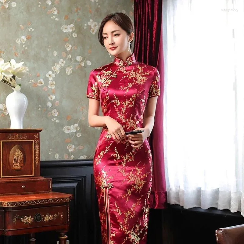 Ethnic Clothing Wine Red Slim Chinese Traditional Cheongsam Short Sleeve Front Split Vintage Dress Women Long Plum Qipao