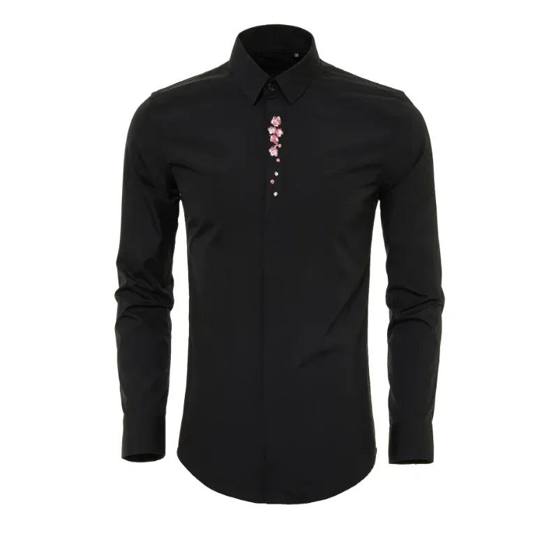 Nouveauté manches longues une prune broderie hommes mode coton peint à la main chemises de grande taille M L XL XXL 3XL 4XL