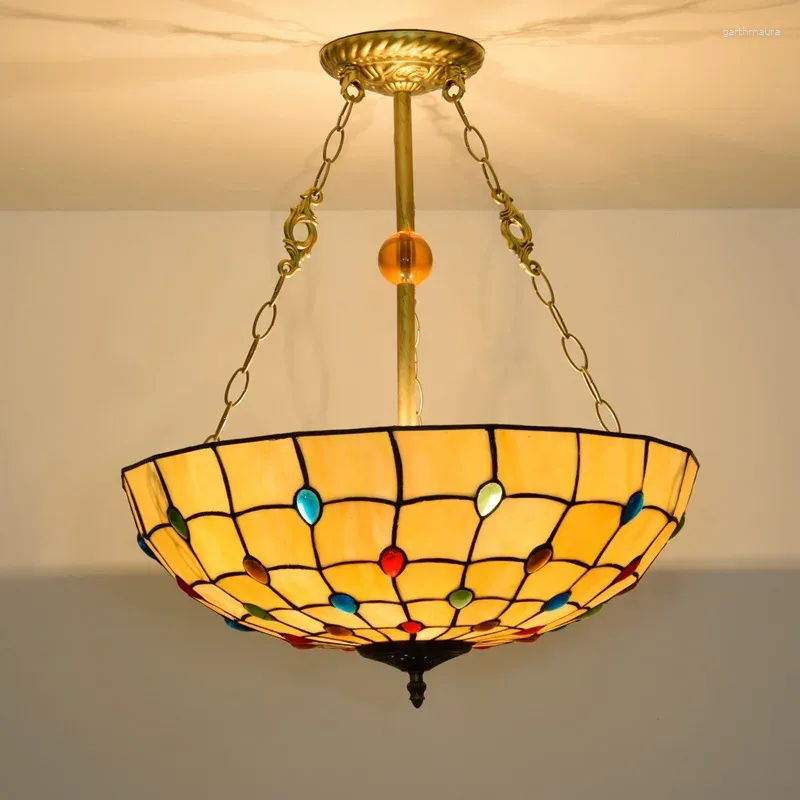 Ljuskrona 20 tum retro stil varm gul lampa skugga kreativ färgglad pärla design led belysning tiffany ljuskrona vardagsrum sovrum