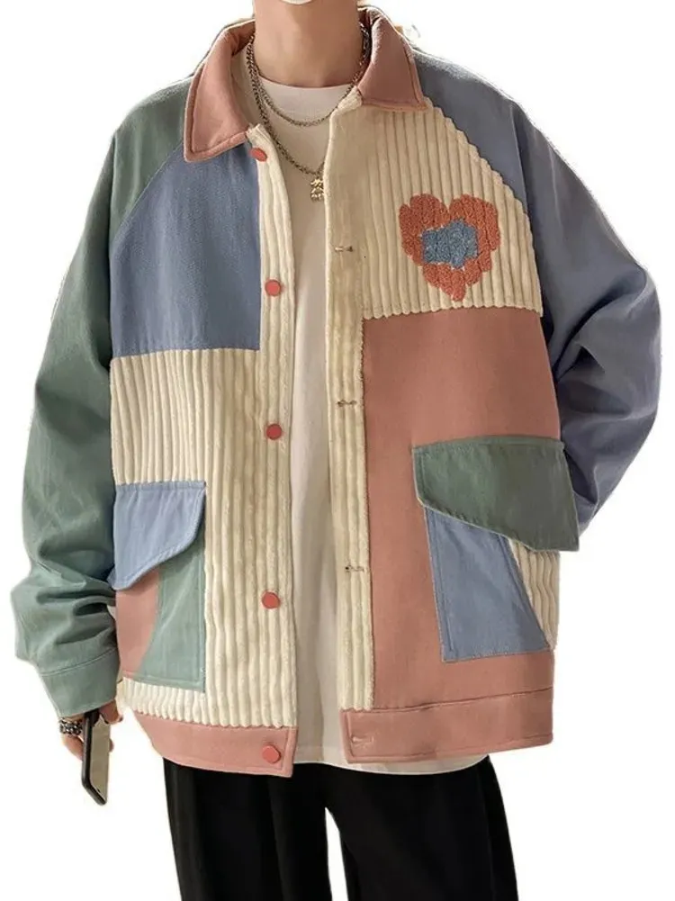 Corduroy Jacket Men Women American Retro Pockets Hip Hop Patchwork Outerwear Autumn Unisex Allmatch.