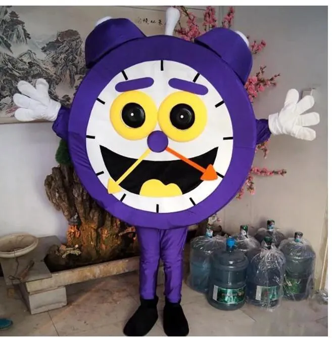 Halloween Purple Clock Mascot Kostuum Top Kwaliteit Cartoon Alarmklok Thema Karakter Carnaval Unisex volwassenen Outfit Kerst verjaardagsfeestjurk