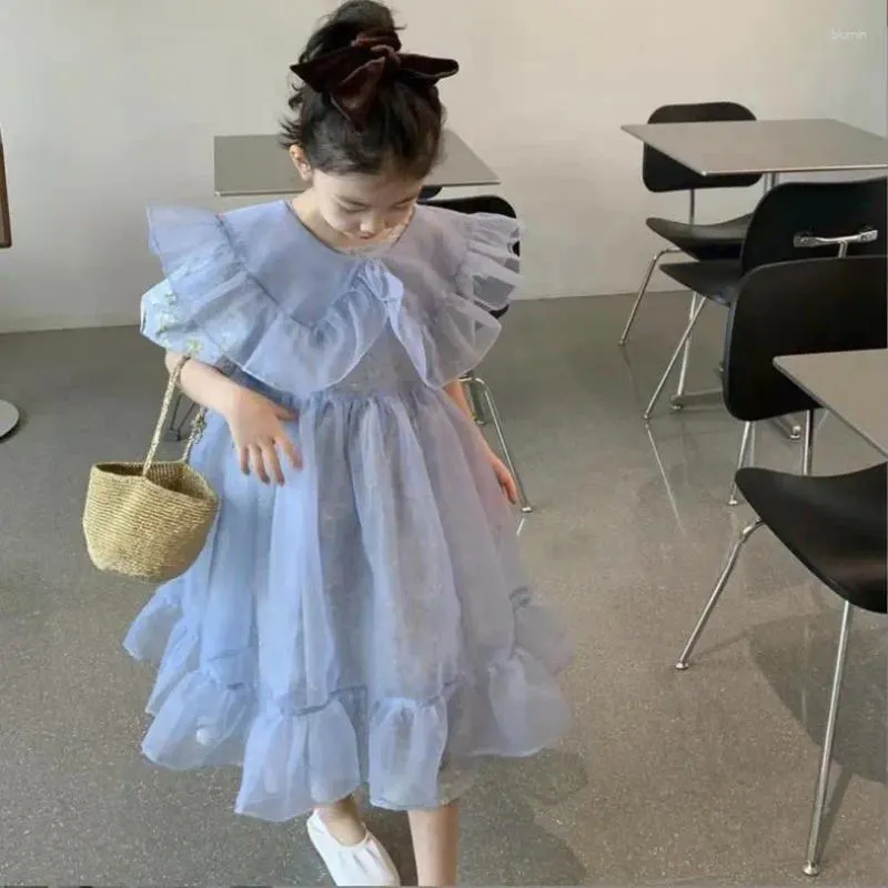 Flickaklänningar Barn Floralklänning 2024 Summer Short Sleeve Mesh Korea Style Teenage Cotton Princess 2st 4-12 år WZ672