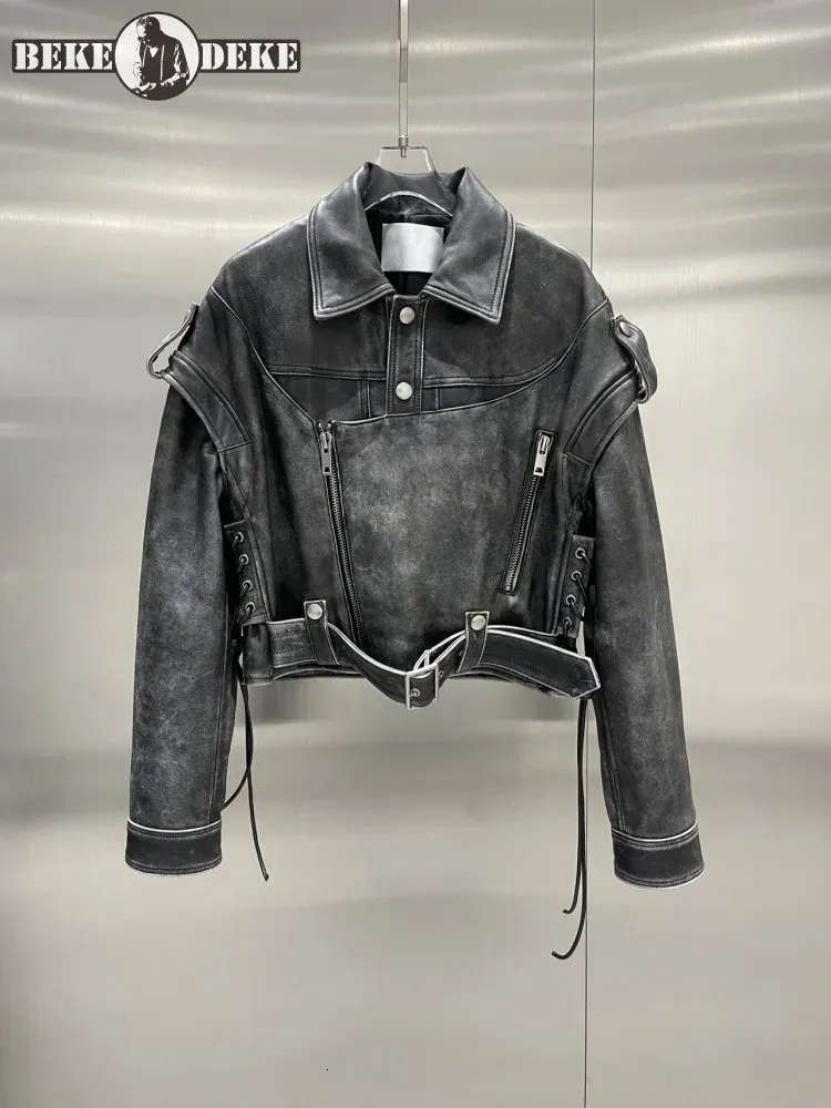 Luxus Vintage Damen 100 % echtes Rindsleder Moto Biker Jacke Designer Mantel Schnürung Gürtel Punk Bühnenshow Echtlederjacke 240117