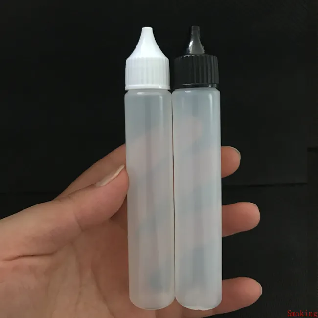 Bottiglie vuote da 15 ml 30 ml Stile penna sottile E-Liquid E Olio di succo Bottiglia di plastica PE Bottiglia contagocce con punta lunga e sottile Tappi bianchi neri