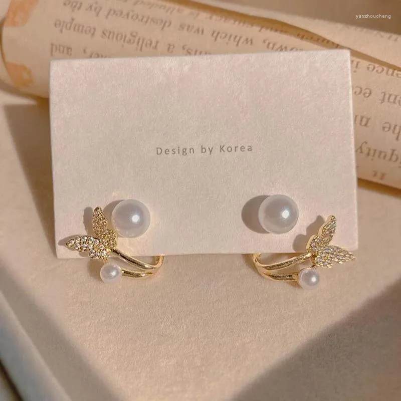 Stud Earrings Korean Fashion Rhinestone Butterfly Pearl For Women Trendy Elegant Imitation Pearls Earring Luxury Jewelry Gift