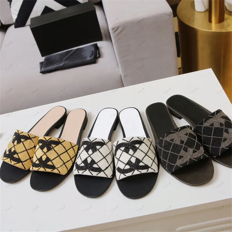 Newest Top Quality Square Toe Crystal Flat Slippers Luxury Designer Women Summer full pearl Black Leather Comfy Shoes Female Dress Slides Outfit Party Casual