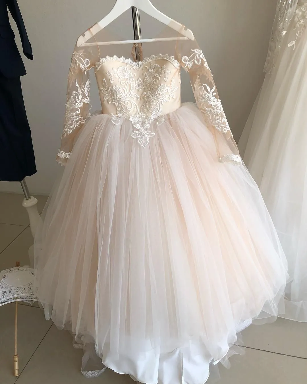 vestido de fiesta Girl Dress Lace Tulle Bows Children`s First Communion Wedding Dress Princess Ball Gown Party Dress