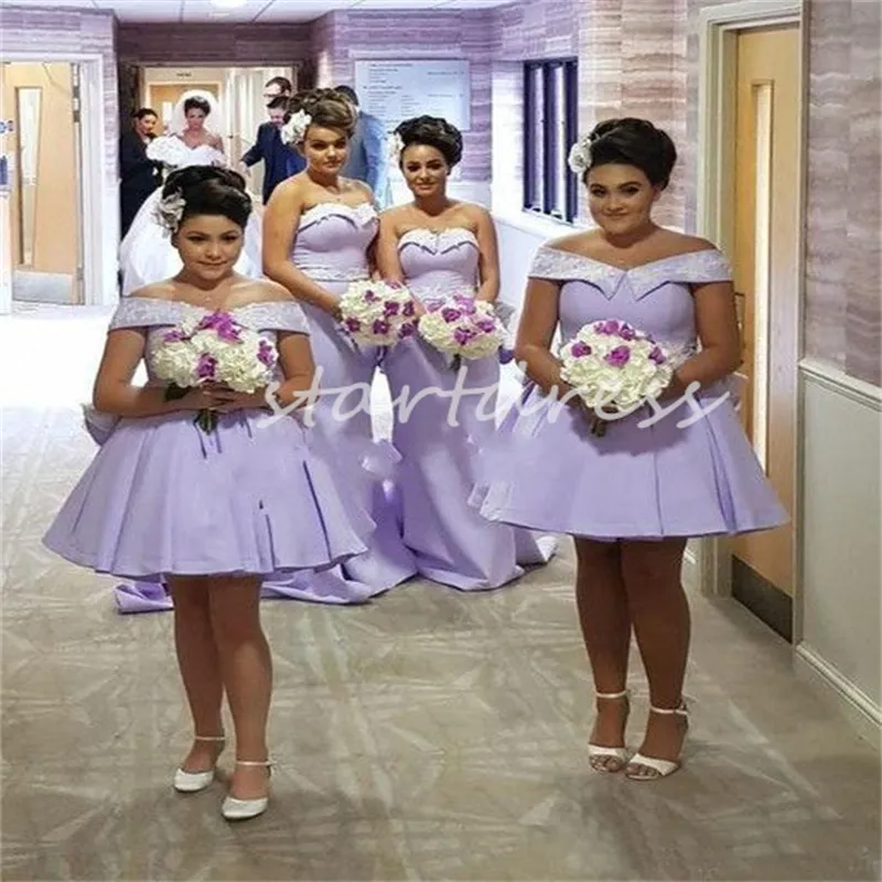 Elegante lavanda vestidos de dama de honra 2024 dois estilo fora dos ombros curto campo casamento convidado vestido de festa babados voltar dama de honra vestidos plus size feito sob encomenda