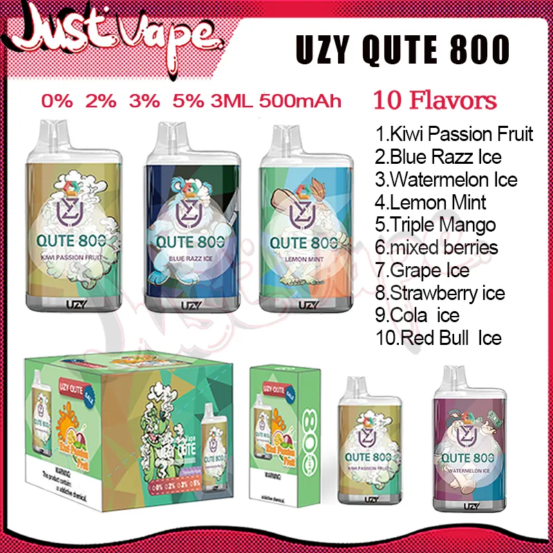 Uzy Qute 800 Puff Ujeżdżalne E papierosy Cewka siatkowa 3 ml Pod 500 mAh Bateria elektroniczna CIGS Puff 800 0% 2% 3% 5% 10 Smaki Vape Pen Sprzedaż detaliczna