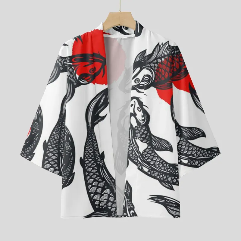 Мужские повседневные рубашки Рубашка Весенне-летний кардиган в японском стиле Прохладный полудлинный рукав с принтом и принтом без воротника Антикварные майки