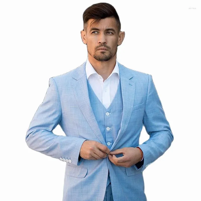 Costumes pour hommes Costume Homme Bleu Ciel Pour Hommes Slim Fit Blazer Formel Robe De Mariée D'affaires Groosmen Costume Terno Masculino Tuxedo 3 PCS