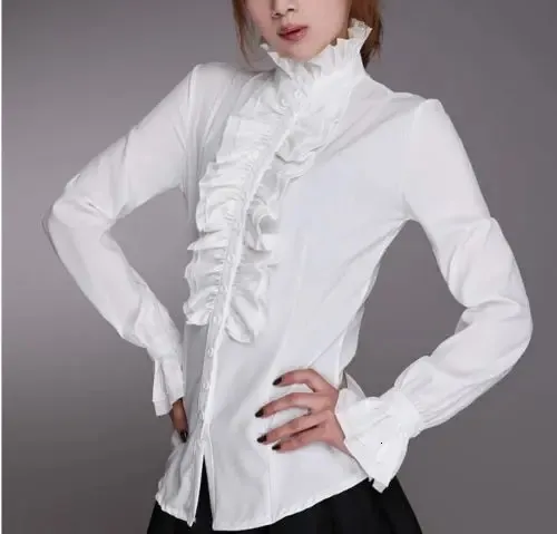 Chemisier à volants victorien femmes OL bureau dames d'affaires chemise blanche col haut froufrous poignets à volants chemises chemisiers féminins 240117