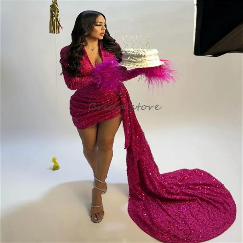 Vestido De Graduación De Lentejuelas De Color Rosa Fuerte, Vestido