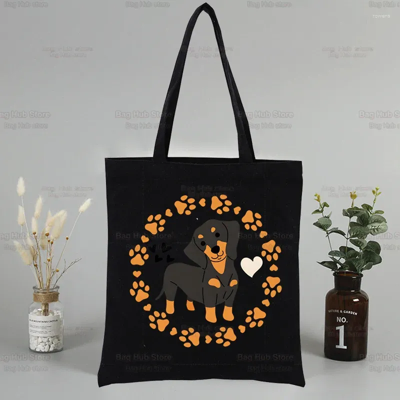 Sacos de compras Dachshund Teckel engraçado bonito cão animal harajuku preto lona sacola reutilizável pano bolsa ombro