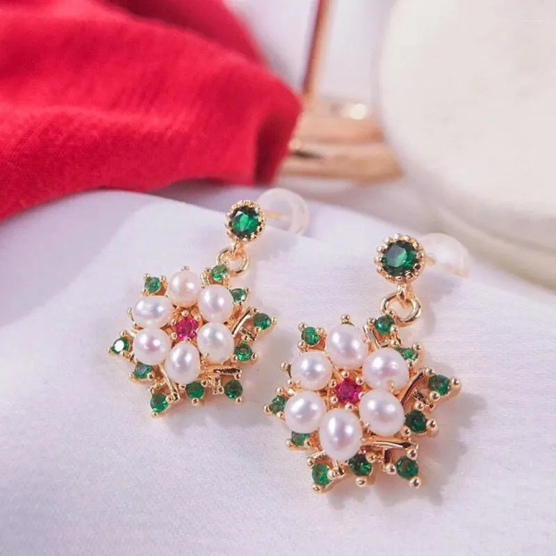 Stud Earrings Freshwater Pearl Ear Studs 925 Silver Needle Emerald Zircon