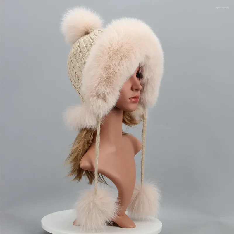 Berets echter Pelhhut für Winter Frauen natürliche russische Ushanka -Kappe dicke warme Ohren Fashion Bomber Girls Elastisch