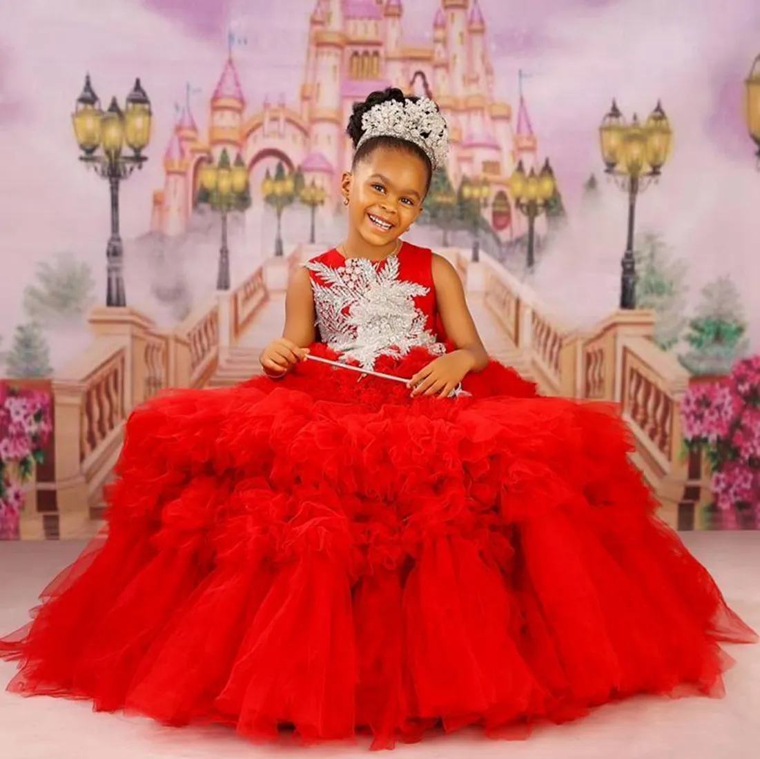Red Jewel Appliqued Lace Tiered Tulle Flower Girl Dress for Kids