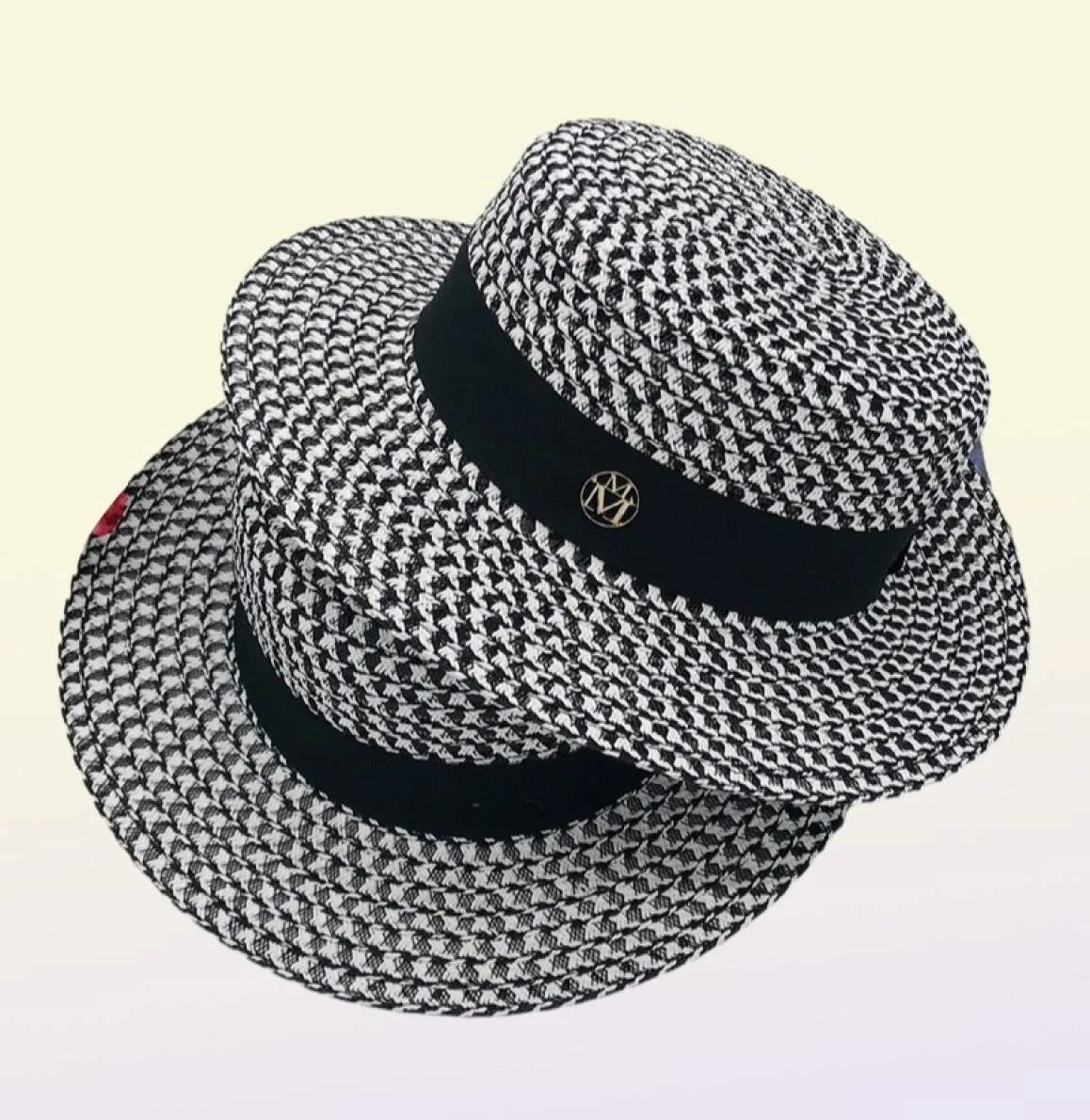 Chapeau de plaisancier à large bord plat à carreaux noirs et blancs de haute qualité, chapeau de soleil tressé en herbe pour femmes, casquette formelle de fête de mariage, printemps 5877464