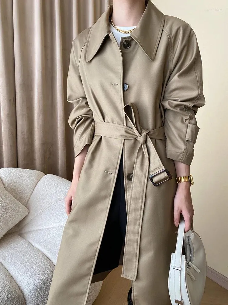 Mulheres Trench Coats Mulheres Khaki Cinto Grande Tamanho Elegante Lapela Manga Longa Solta Fit Windbreaker Moda Primavera Outono O586