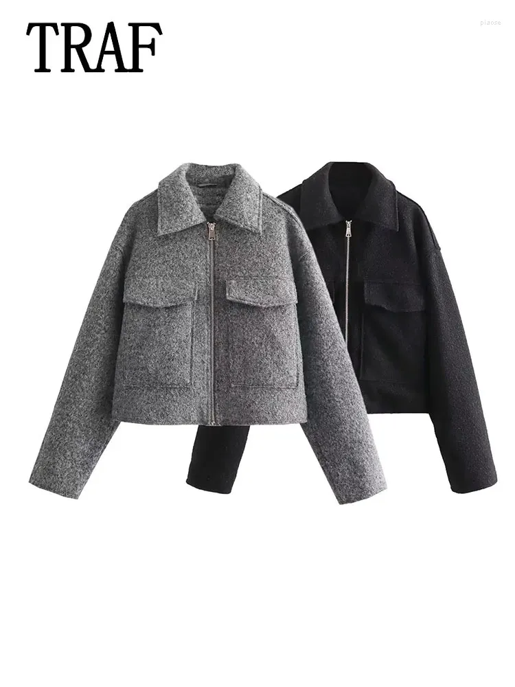 Jaquetas femininas mulheres tweed jaqueta cortada 2024 mulher manga longa casual cinza zip oversize streetwear casacos macios