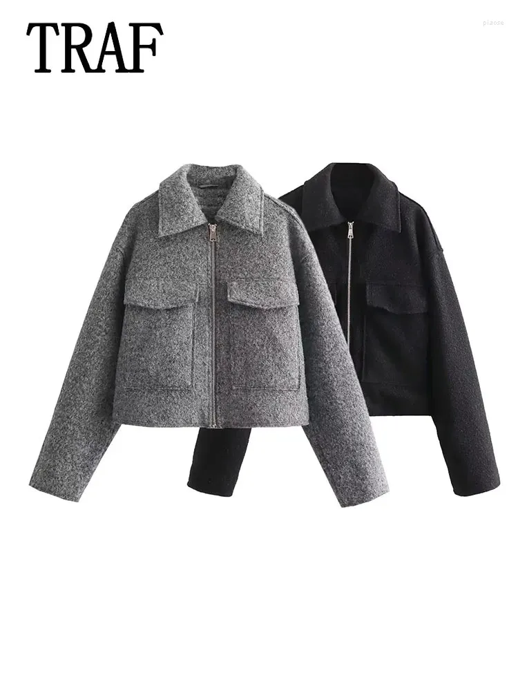 Chaquetas de mujer Mujeres Tweed Chaqueta recortada 2024 Mujer Manga larga Casual Gris Zip Oversize Streetwear Abrigos suaves