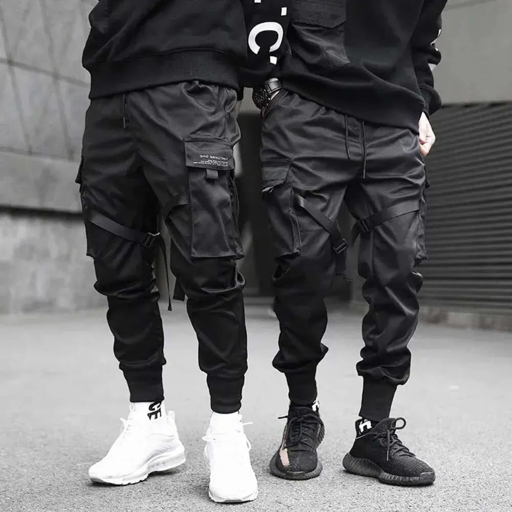 Men Ribbons Color Block Pants Black Pocket Cargo Harem Joggers Harajuku Sweatpant Hip Hop Trousers 15