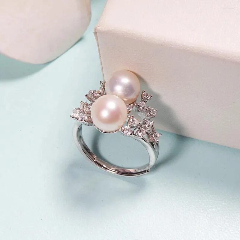 Cluster Rings Fashion S925 Sterling Silver Single Double Bead Pearl Ring Basic Freshwater TR69