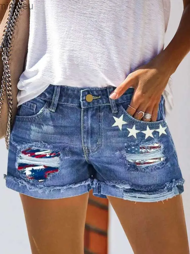 Damen-Shorts, modisch, zerrissen, gerollt, amerikanische Flagge, Stern, ausgefranst, Denim-Shorts, Loch, Sommer, lässig, Taschenjeans, Damen, Hotpants, Shorts, L240119